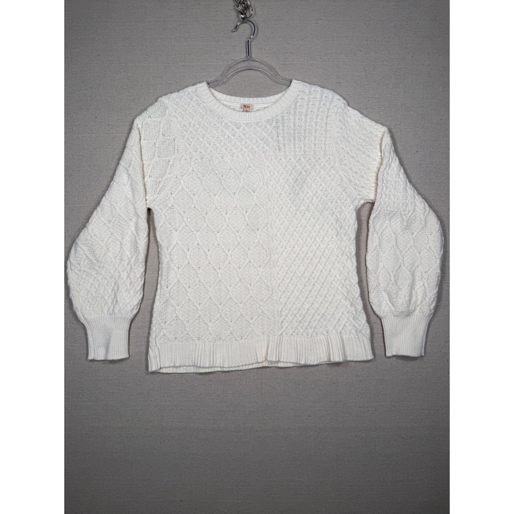 Reba Cream White Cable Knit Puff Sleeve Crewneck Sweater Large